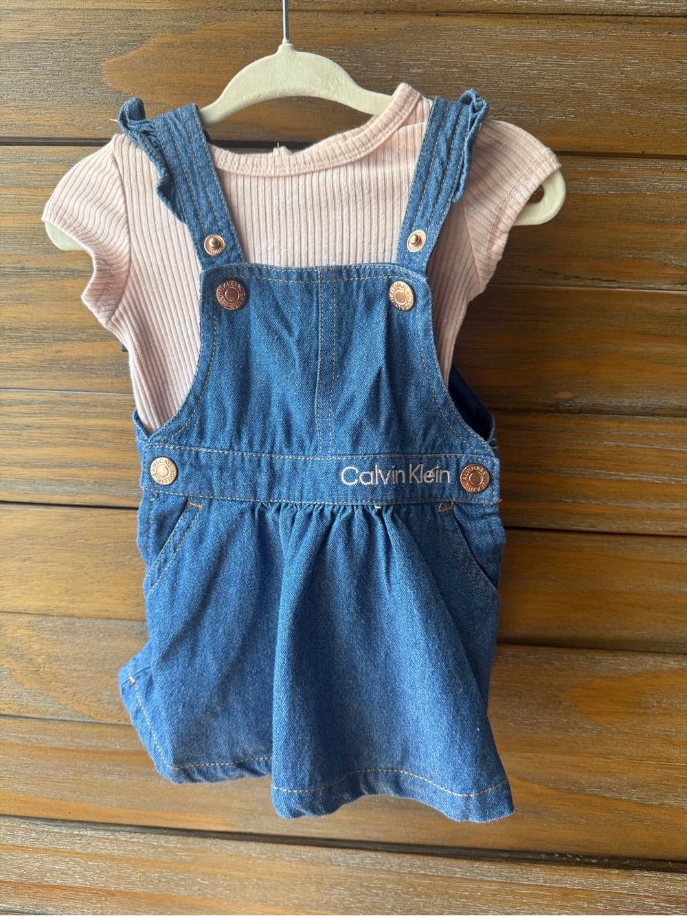 Calvin Klein Denim Blue Girls' Overall Dress with Light Pink Tee